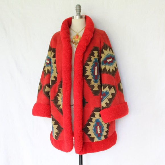Vintage Valentino Boutique Shearling leather suede Aztec Tribal jacket coat - Picture 7 of 13